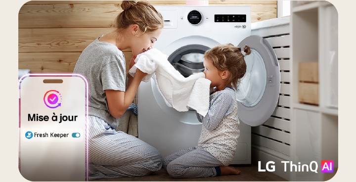 LG washer with energy saving mode icon next to phone screen showing mode status in bright room